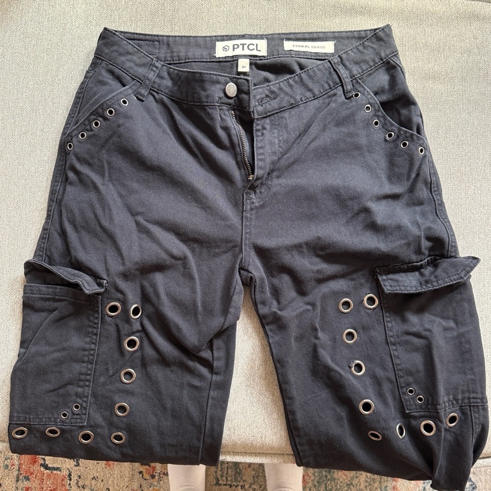 PTCL Black Cargo style black denim pants with grommet detailing